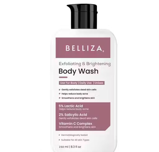 Belliza Exfoliating & Brightening Body Wash – 5% Lactic Acid + 2% Salicylic Acid + Vitamin C | Smooth & Clear Skin | 250ml