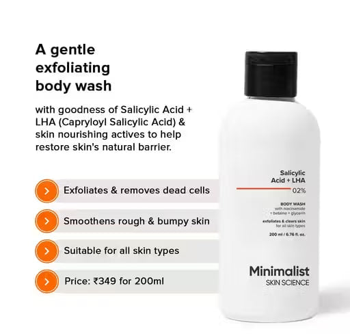 Minimalist 2% Salicylic Acid + LHA Body Wash | Gentle Exfoliating Shower Gel for Body Acne, Un-even, Rough & Bumpy Skin | Sulphate (SLS), Dye, & Fragrance-Free | 200ml