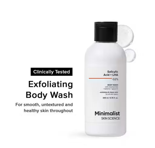 Minimalist 2% Salicylic Acid + LHA Body Wash | Gentle Exfoliating Shower Gel for Body Acne, Un-even, Rough & Bumpy Skin | Sulphate (SLS), Dye, & Fragrance-Free | 200ml