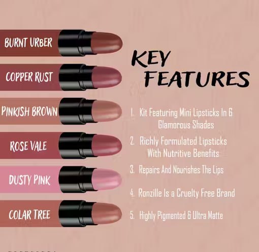 Ronzille Long Lasting Hydrating Mini Lipstick Pack of 6 (Nude Edition) | Creamy Matte Lipstick Set for Women | Highly Pigmented Lip Colors | 6g