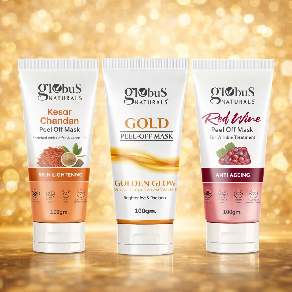Globus Naturals Ultimate Peel-Off Luxury Combo - Red Wine, Gold, and Kesar Chandan 100 gm, Set of 3