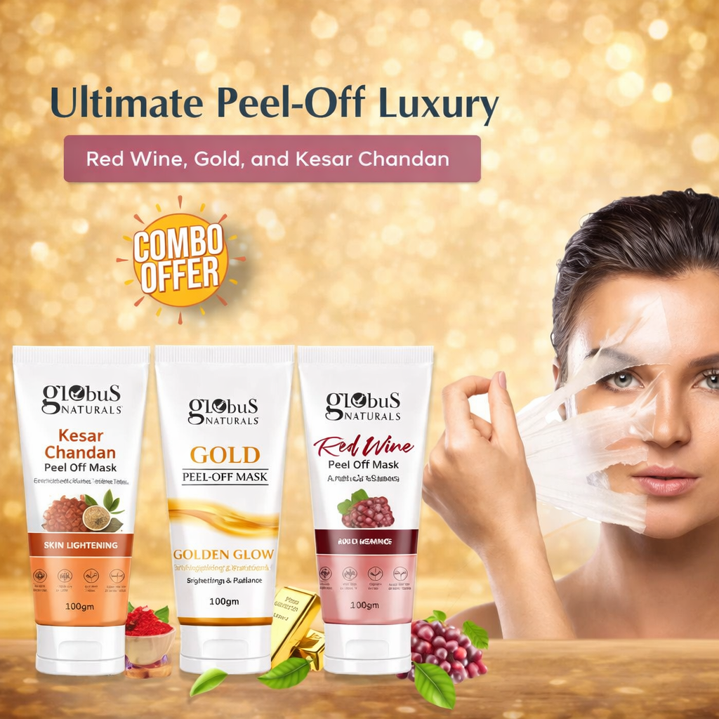 Globus Naturals Ultimate Peel-Off Luxury Combo - Red Wine, Gold, and Kesar Chandan 100 gm, Set of 3