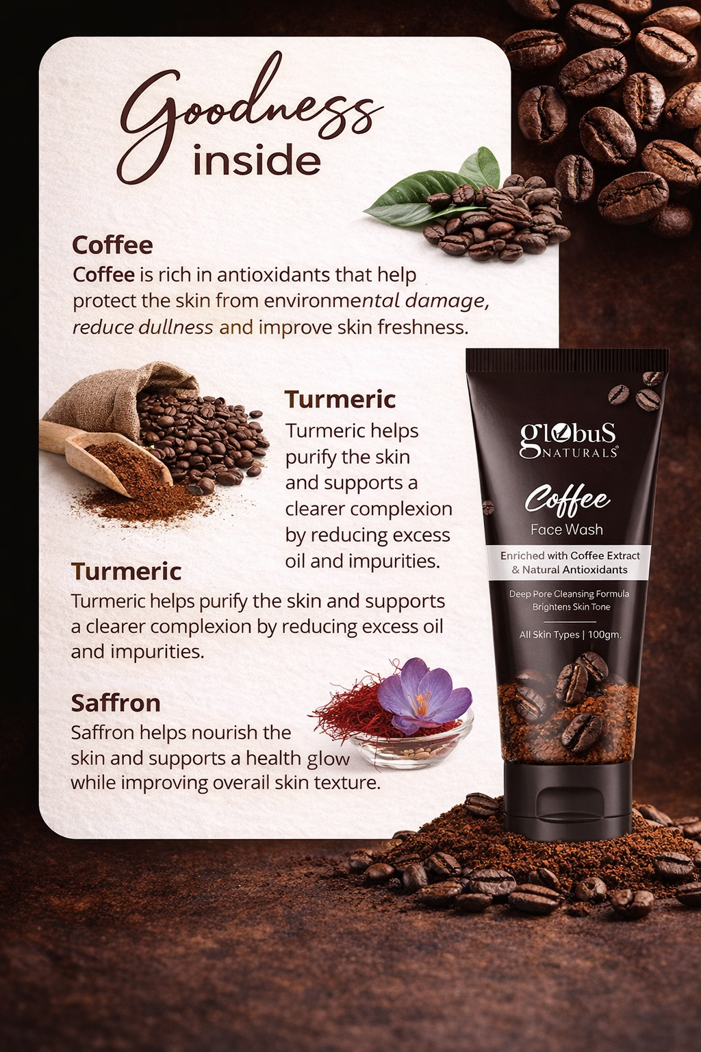 Pack of 2- Globus Naturals Coffee Face Wash – Deep Pore Cleansing & Skin Brightening (100g each))