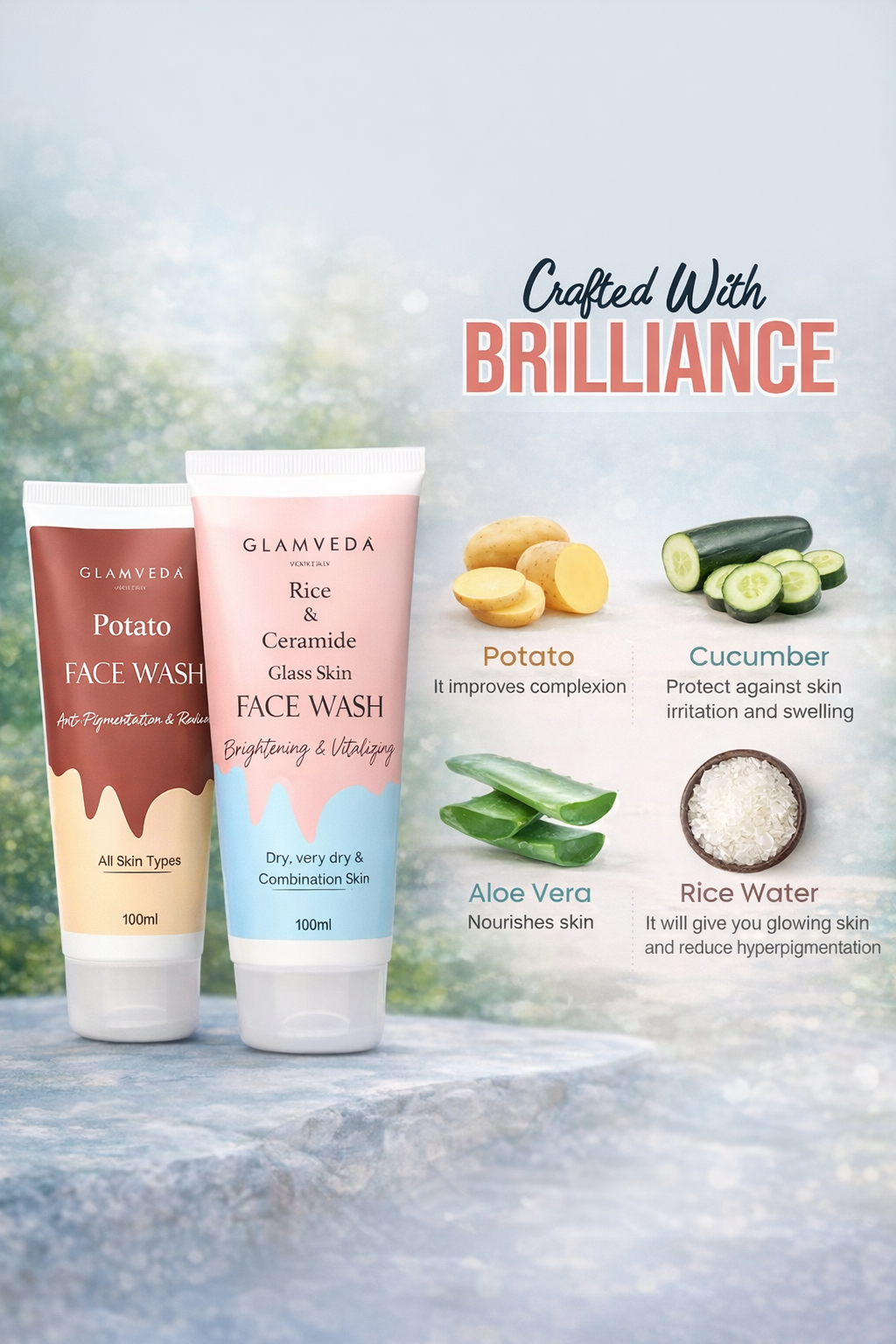 Glamveda Rice & Ceramide & Poatato Face Wash For Men & Women , Face Wash & Scrubs For Brigetning Pigmentation Whitening (pack of 2)